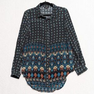 Tolani Silk Tunic Button Up Small Black Aqua Aztec Boho Blouse Prairie Roll Tab